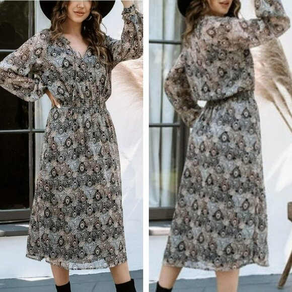 Veronica M Dresses & Skirts - Veronica M Catia Peacock Chiffon Smocked Midi Dress in Feather Print Size L